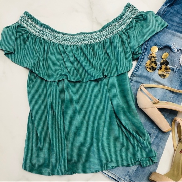 Dalia Off Shoulder Top Green Stripe Embroidered size L - Picture 2 of 4